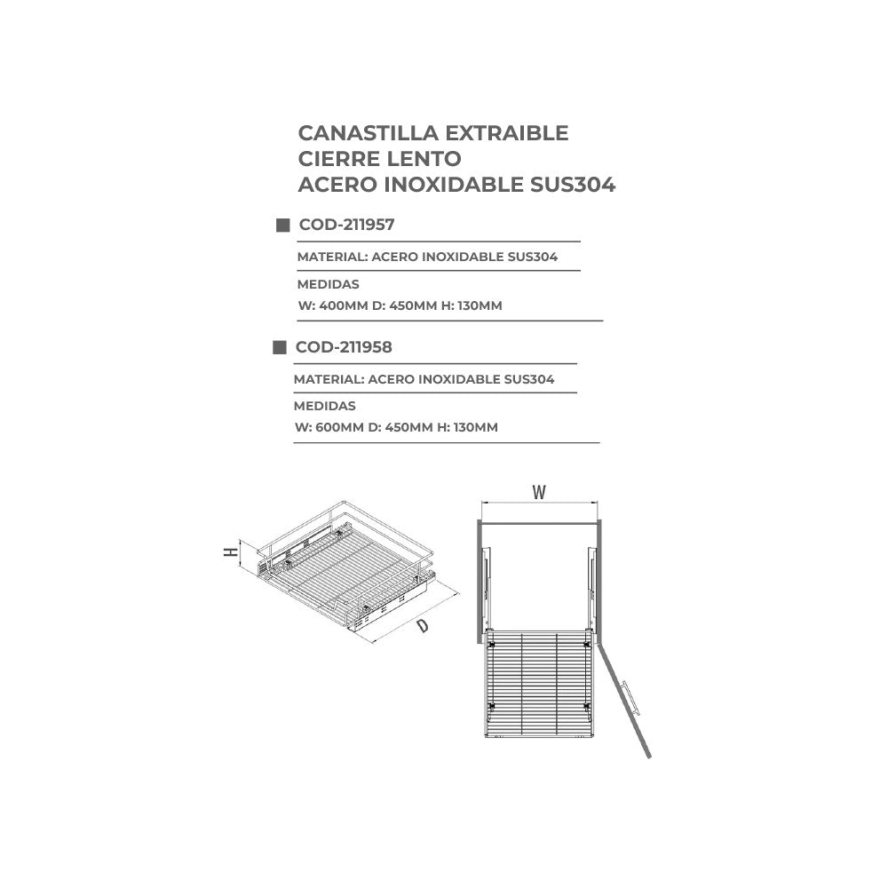 Canastilla extraíble cierre lento acero inoxidable sus304